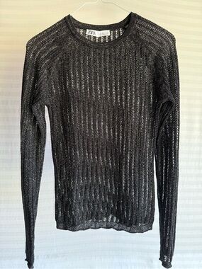 Zara Metallic Thread Open Knit Long Sleeve Top - Black